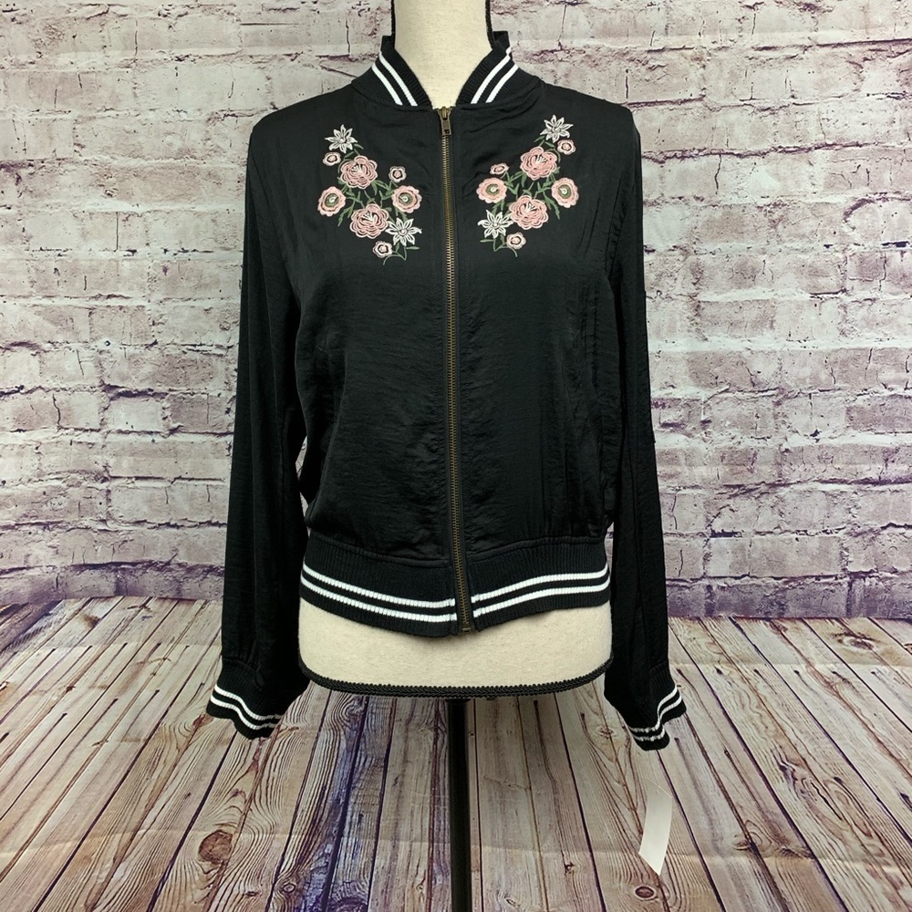 Living Doll Black Embroidered Floral Zipper Jacket